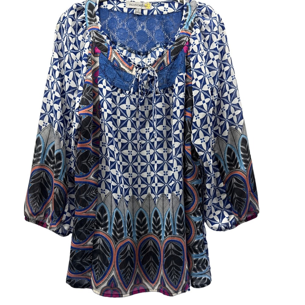 Figueroa & Flower Women's Top Large Blue Bohemian Paisley Feathers Pullover Lace